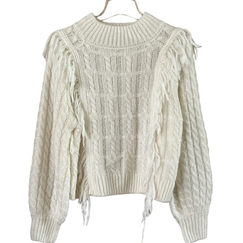Altar’d State Sweater fringe on sides white balloon sleeves size L crewneck